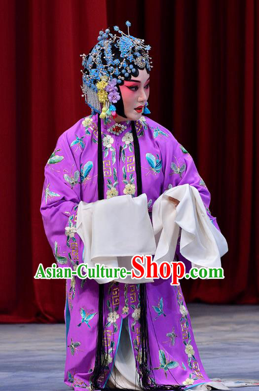 Chinese Beijing Opera Hua Tan Dou E Garment Snow in June Costumes and Hair Accessories Traditional Peking Opera Actress Purple Dress Young Female Apparels