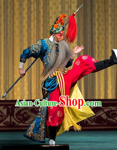 Four Heroes Village Chinese Peking Opera Swordsman Luo Hongxun Apparels Costumes and Headpieces Beijing Opera Martial Male Garment Wusheng Blue Clothing