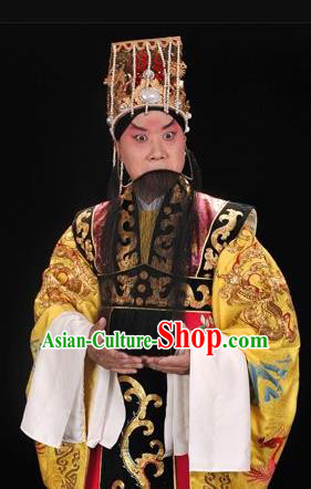 Hua Long Dian Jing Chinese Peking Opera Laosheng Apparels Costumes and Headpieces Beijing Opera Elderly Male Garment Emperor Li Shimin Clothing