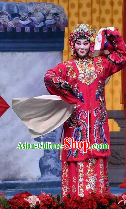 Chinese Beijing Opera Bride Zhang Sumei Garment Jie Mei Yi Jia Costumes and Hair Accessories Traditional Peking Opera Actress Red Dress Hua Tan Wedding Apparels
