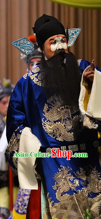 Sun An Dong Ben Chinese Peking Opera Clown Apparels Costumes and Headpieces Beijing Opera Official Garment Minister Blue Clothing