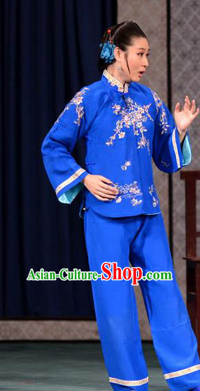 Chinese Ping Opera Young Mistress Apparels Costumes and Headpieces Third Sister Yang Goes to Court Traditional Pingju Opera Actress Blue Dress Garment