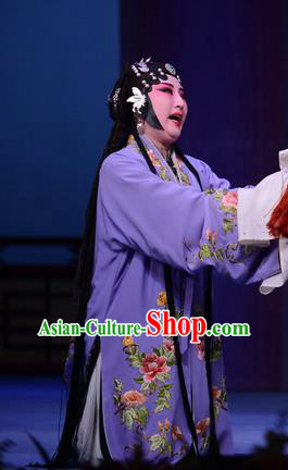Chinese Ping Opera Diva Apparels Costumes and Headpieces Shao Gu Ji Traditional Pingju Opera Distress Female Purple Dress Garment