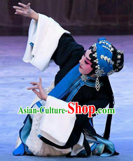 Chinese Beijing Opera Tsing Yi Garment Young Female Costumes and Hair Accessories Traditional Peking Opera Wang Baochuan Dress Distress Maiden Apparels