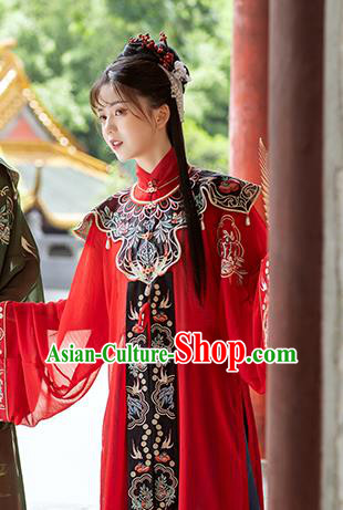 Chinese Traditional Ming Dynasty Patrician Lady Historical Costumes Ancient Nobility Female Embroidered Red Hanfu Dress Garment Complete Set