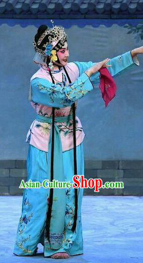 Chinese Beijing Opera Maidservant Garment Costumes and Hair Accessories Traditional Peking Opera Wang Baochuan Young Lady Dress Xiaodan Apparels