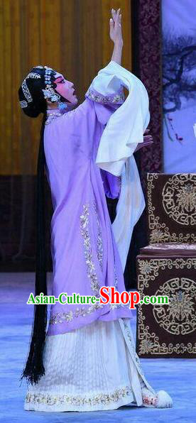Chinese Beijing Opera Young Female Garment Costumes and Hair Accessories Traditional Peking Opera Wang Baochuan Hua Tan Purple Dress Diva Apparels