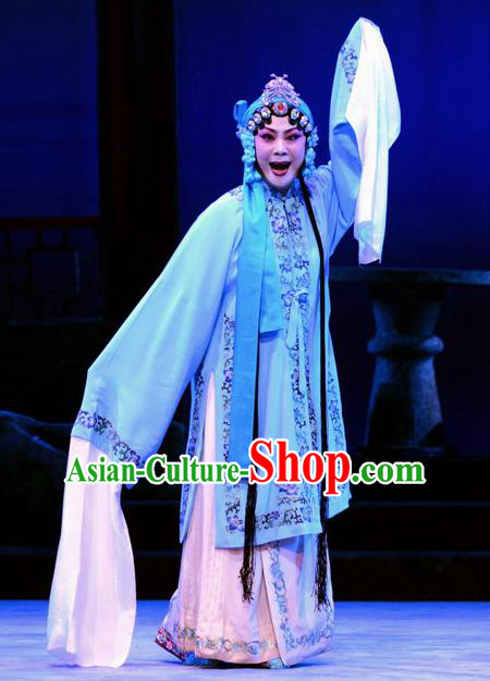 Chinese Ping Opera Diva Zhou Guiying Apparels Costumes and Headpieces Breeze Pavilion Traditional Pingju Opera Rich Consort Blue Dress Garment