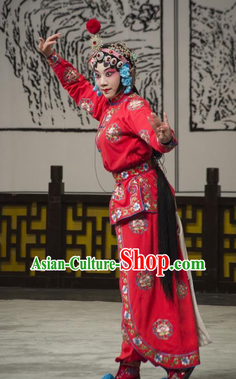 Chinese Beijing Opera Swordswoman Bao Jinhua Garment Costumes and Hair Accessories Long Tan Bao Luo Traditional Peking Opera Actress Dress Martial Female Apparels