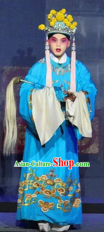Tai Hou Gai Jia Chinese Sichuan Opera Young Man Court Servant Apparels Costumes and Headpieces Peking Opera Eunuch Garment Blue Clothing