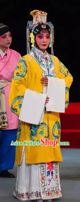 Chinese Sichuan Opera Queen Garment Costumes and Hair Accessories Traditional Peking Opera Empress Yellow Dress Hua Tan Apparels