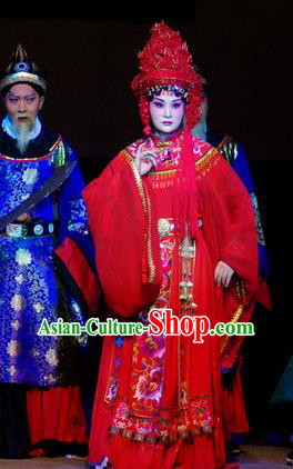 Chinese Beijing Opera Queen Red Garment Consort Bai Jie Costumes and Hair Accessories Traditional Peking Opera Empress Dress Young Female Apparels