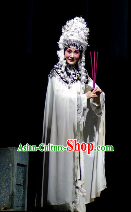 Chinese Beijing Opera Young Female Garment Consort Bai Jie Costumes and Hair Accessories Traditional Peking Opera Empress White Dress Apparels