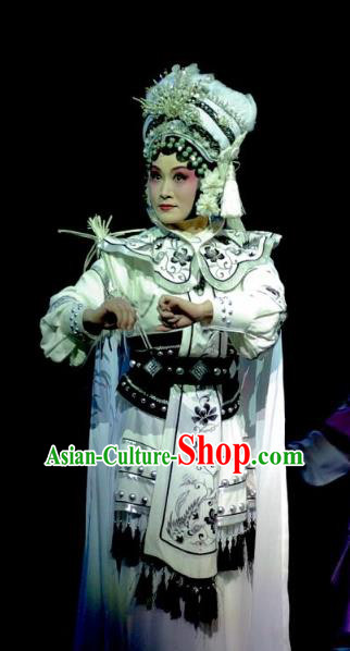 Chinese Beijing Opera Huadan Garment Consort Bai Jie Costumes and Hair Accessories Traditional Peking Opera Queen White Dress Martial Female Apparels