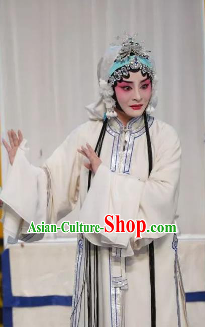 Chinese Beijing Opera Tsing Yi Garment Costumes and Hair Accessories Traditional Peking Opera Distress Maiden White Dress Diva Apparels