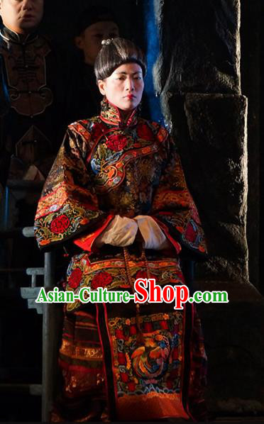 Chinese Beijing Opera Elderly Female Garment Costumes and Hair Accessories Traditional Peking Opera The Golden Cangue Rich Dame Dress Apparels
