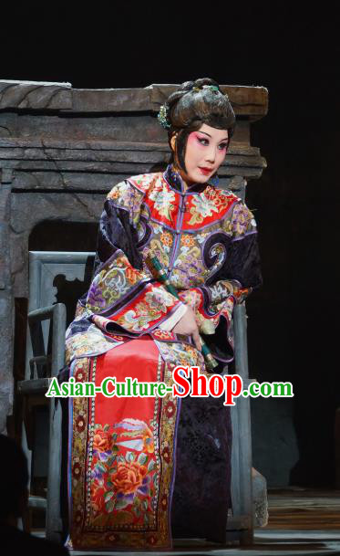 Chinese Beijing Opera Dowager Garment Costumes and Hair Accessories Traditional Peking Opera The Golden Cangue Mistress Cao Qiqiao Dress Rich Dame Apparels