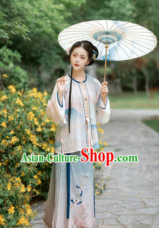 Chinese Ancient Young Lady Embroidered Hanfu Dress Traditional Ming Dynasty Women Historical Costumes Blouse and Skirt Complete Set