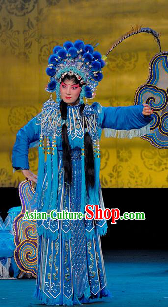 Chinese Sichuan Opera The Legend of White Snake Xiao Qing Garment Costumes and Hair Accessories Traditional Peking Opera Martial Female Blue Dress Apparels