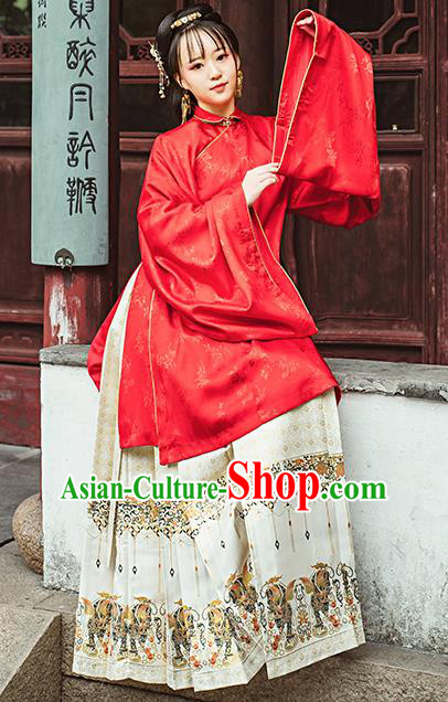 Chinese Traditional Ancient Ming Dynasty Hanfu Dress Historical Costumes Palace Princess Apparels Red Blouse and Skirt for Women