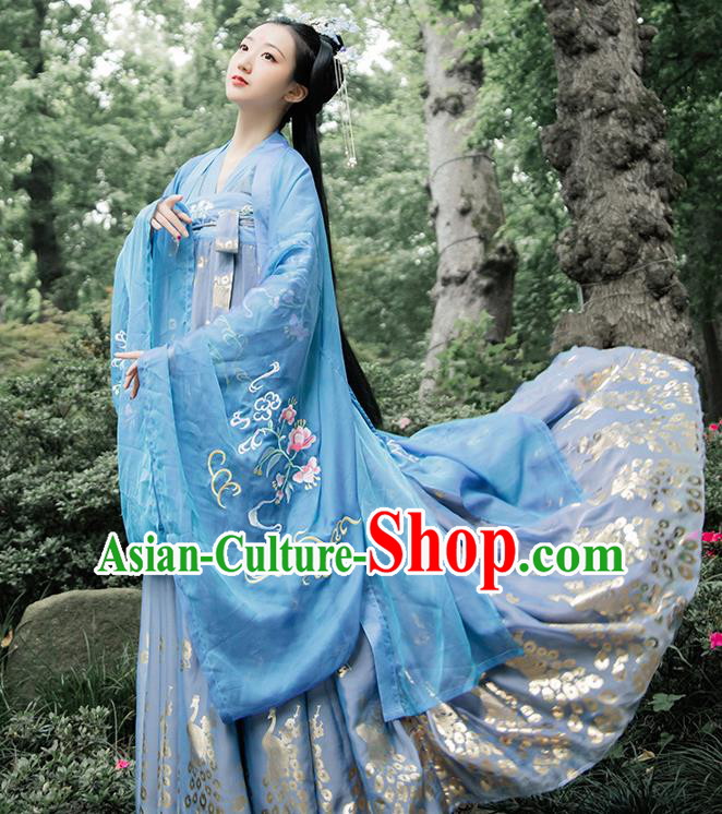Chinese Traditional Ancient Tang Dynasty Historical Costumes Palace Princess Blue Hanfu Dress Apparels for Women
