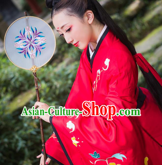 Chinese Traditional Han Dynasty Royal Princess Embroidered Hanfu Dress Ancient Patrician Lady Red Apparels Historical Costumes Complete Set