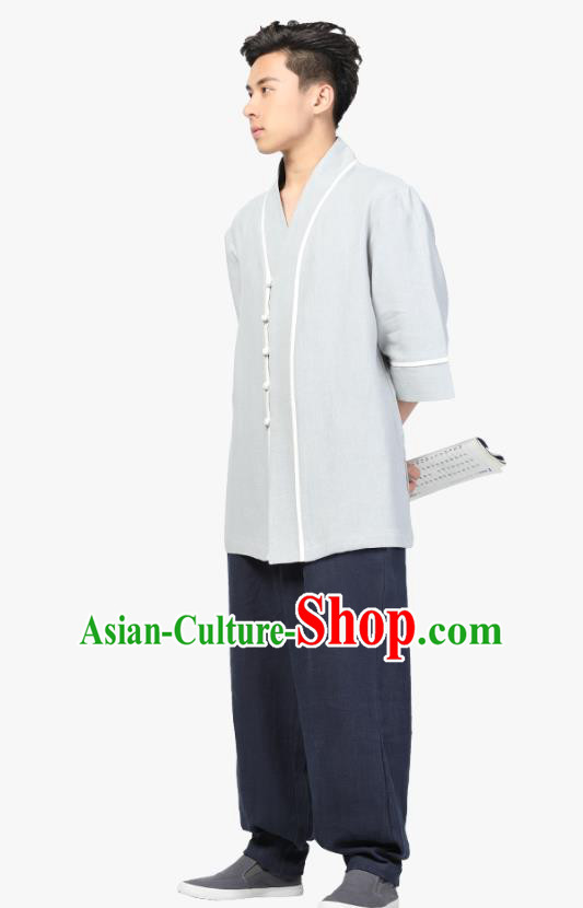 Chinese Traditional Tang Suit Upper Outer Garment Costume National Clothing Light Grey Ramie Shirt for Men