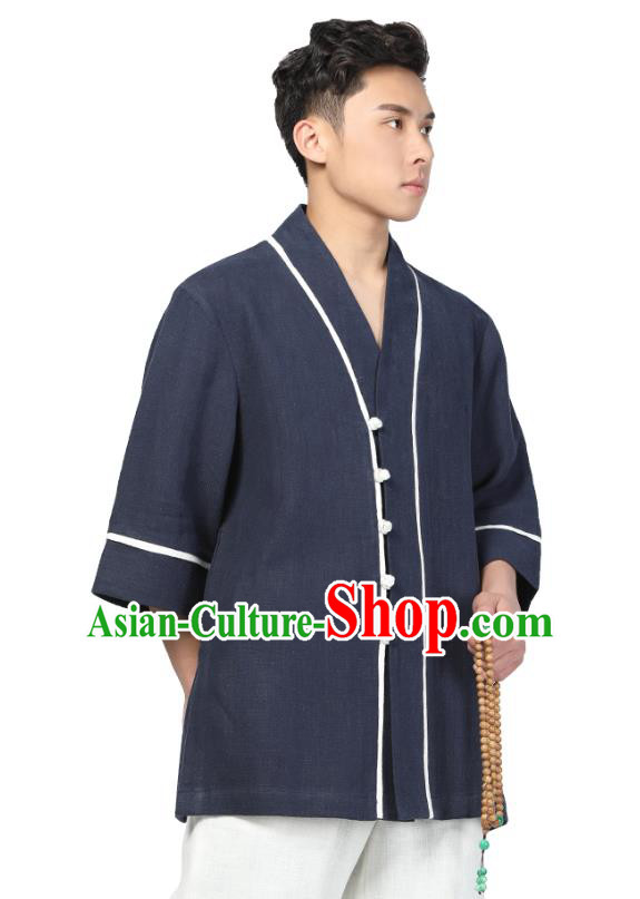 Chinese Traditional Tang Suit Upper Outer Garment Costume National Clothing Navy Ramie Shirt for Men