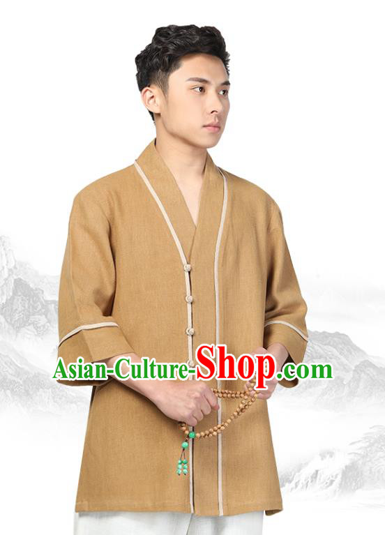 Chinese Traditional Tang Suit Upper Outer Garment Costume National Clothing Khaki Ramie Shirt for Men