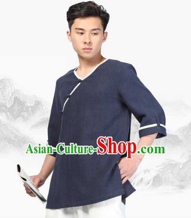 Chinese Traditional Tang Suit Costume National Clothing Slant Opening Navy Ramie Shirt Upper Outer Garment for Men