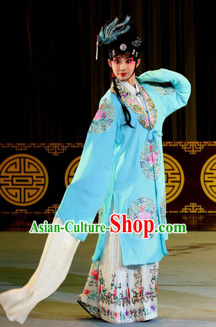 Chinese Sichuan Opera Diva Zhao Rong Garment Costumes and Hair Accessories Traditional Peking Opera Zhai Hong Mei Young Female Blue Dress Actress Apparels