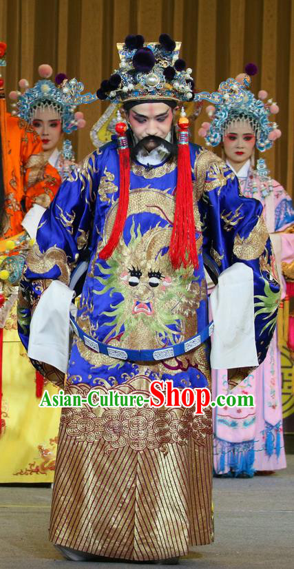 Jin Dian Shen La Chinese Sichuan Opera Official Blue Apparels Costumes and Headpieces Peking Opera Minister Garment Clothing