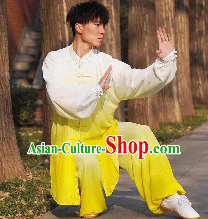 Top Male Kung Fu Costume Martial Arts Training Uniform Shaolin Wushu Clothing Tai Ji Competition Gradient Yellow Outfits