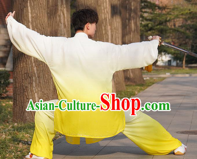 Top Male Kung Fu Costume Martial Arts Training Uniform Shaolin Wushu Clothing Tai Ji Competition Gradient Yellow Outfits