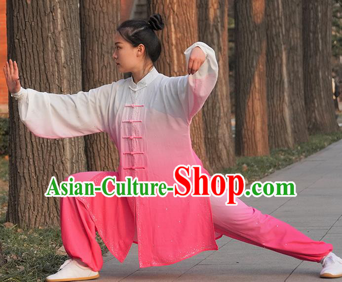 Professional Kung Fu Costume Top Grade Martial Arts Training Uniform Shaolin Wushu Clothing Tai Ji Competition Gradient Pink Outfits for Women