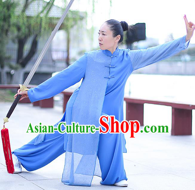 Professional Tai Chi Competition Costume Tai Ji Training Outfits Clothing Top Grade Martial Arts Blue Uniform for Women
