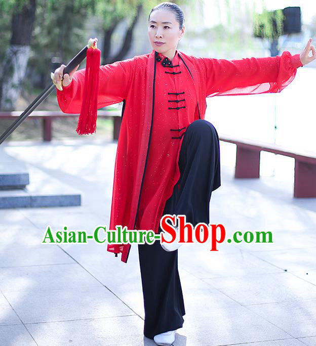 Chinese Traditional Tai Chi Competition Costume Professional Tai Ji Training Outfits Clothing Top Grade Martial Arts Red Uniform for Women