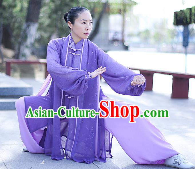 Chinese Traditional Tai Chi Competition Costume Professional Tai Ji Training Outfits Clothing Top Grade Martial Arts Purple Uniform for Women