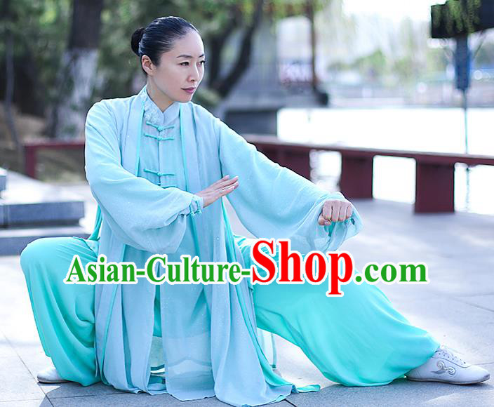 Chinese Traditional Tai Chi Competition Costume Professional Tai Ji Training Outfits Clothing Top Grade Martial Arts Light Green Uniform for Women