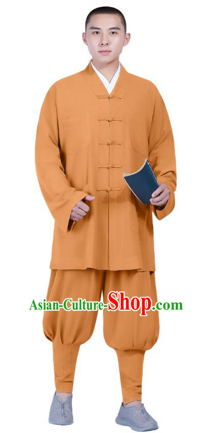 Chinese Traditional Buddhism Costume Shaolin Monk Clothing Ginger Blouse and Pants Complete Set for Men