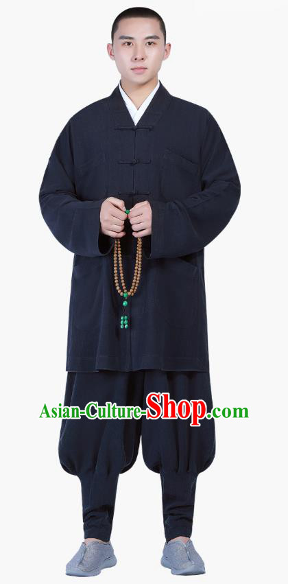 Chinese Traditional Buddhism Costume Shaolin Monk Clothing Navy Blouse and Pants Complete Set for Men