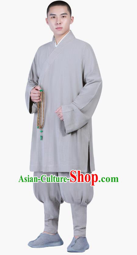 Chinese Traditional Shaolin Monk Costume Buddhism Clothing Grey Slant Opening Blouse and Pants Complete Set