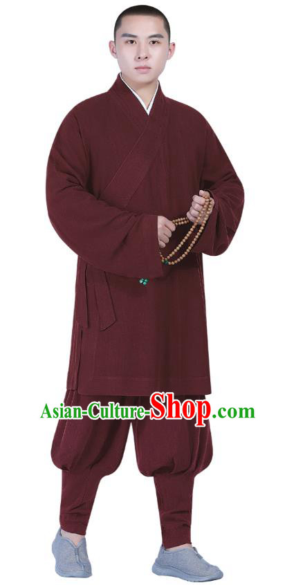 Chinese Traditional Shaolin Monk Costume Buddhism Clothing Purplish Red Slant Opening Blouse and Pants Complete Set