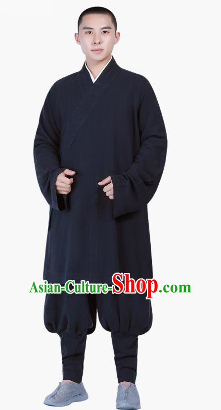 Chinese Traditional Shaolin Monk Costume Buddhism Clothing Navy Slant Opening Blouse and Pants Complete Set