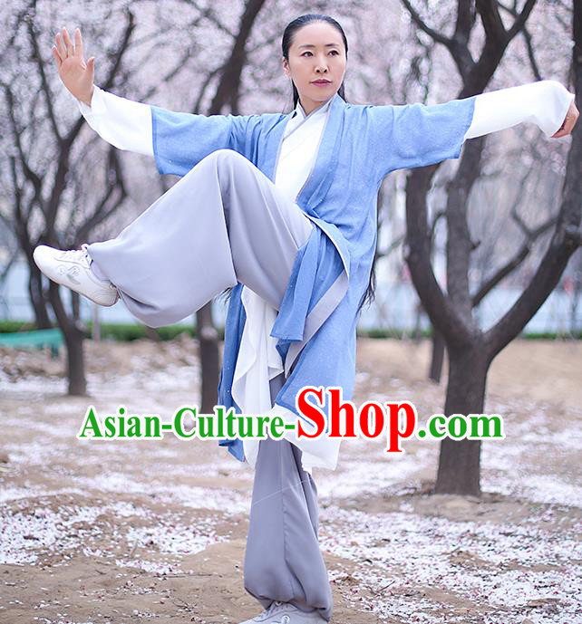 Chinese Traditional Tai Chi Competition Costume Professional Martial Arts Training Outfits Top Grade Tai Ji Performance Light Blue Uniform for Women