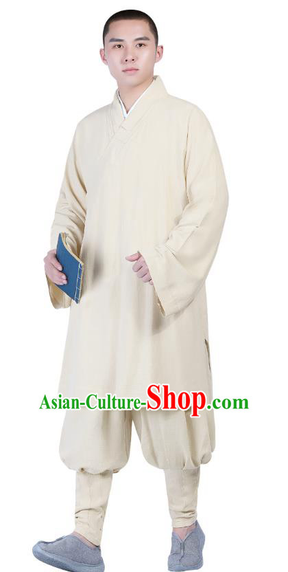 Chinese Traditional Shaolin Monk Costume Buddhism Clothing Beige Slant Opening Blouse and Pants Complete Set