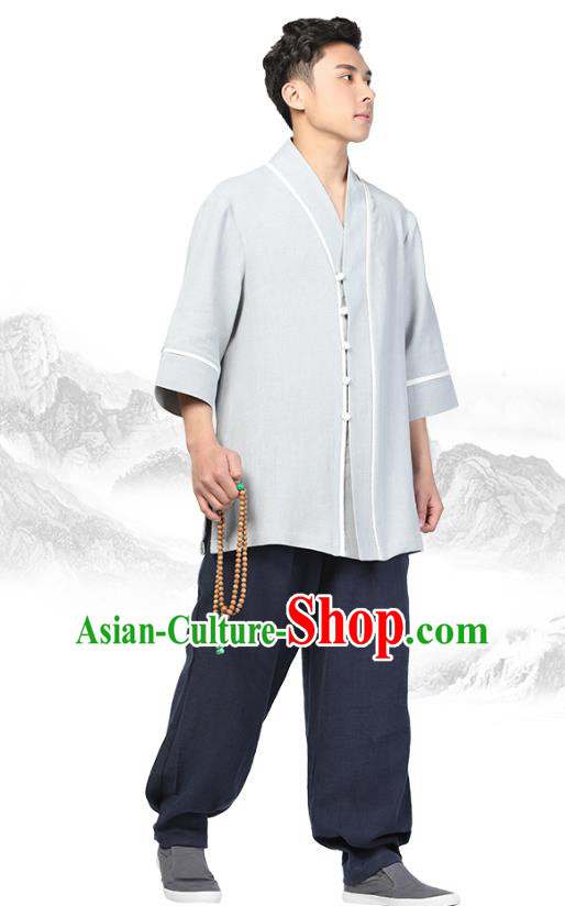 Chinese Traditional Tang Suit Costume National Clothing Grey Ramie Shirt for Men