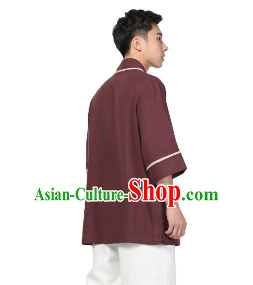 Chinese Traditional Tang Suit Costume National Clothing Dark Red Ramie Shirt for Men
