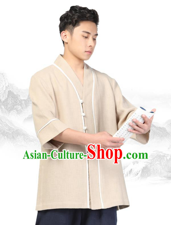 Chinese Traditional Tang Suit Costume National Clothing Beige Ramie Shirt for Men