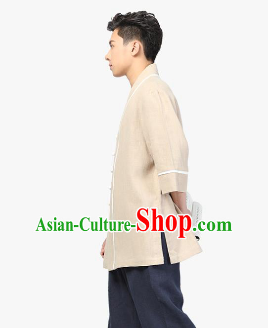 Chinese Traditional Tang Suit Costume National Clothing Beige Ramie Shirt for Men